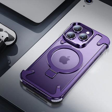 Aluminum Alloy Magnetic Stand Rimless Phone Case For iPhone 13 14 15 16 Pro Max Plus Metal Lens Shell  Frosted Matte Back Cover