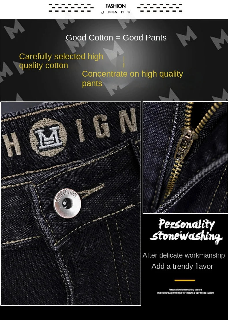 Male Denim Straight High Street Trousers Casual Men Fashion Elastic Waist Vintage Pant Spring Ripped Soft Stretch Slim Fit Jeans