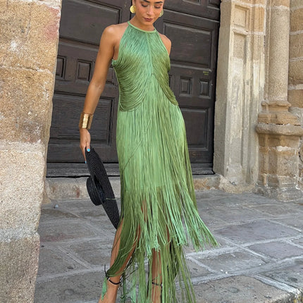 Elegant Halter Tassel Long Dress Women Fashion Hight Waist Slim Neck Hollow Solid Dress Cocktail Robe Sexy Fashion Evening Gown