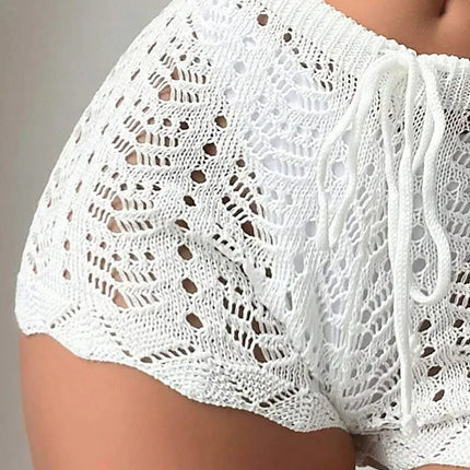 Hollow Drawstring Open Waist Knitted Bikini Blocked Women's Shorts