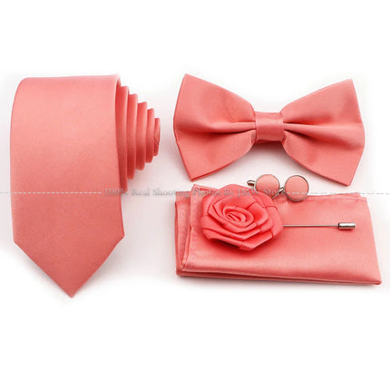 Hot Sale Purple Pink Sage Green Tie Set Polyester Necktie Bowtie Cufflink Brooch For Groom Suit Wedding Cravat Shirt Accessory