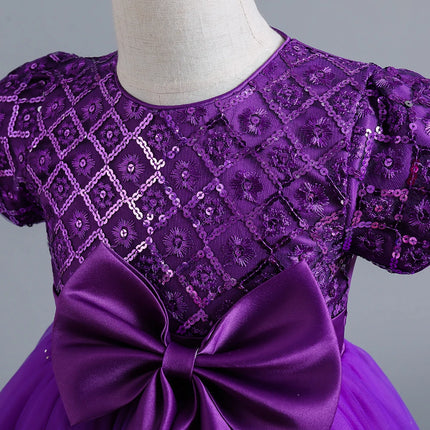 New Purple Girls' 3-12 Year Old Round Neck Trail Party Dress   Sequin Bubble Sleeves Princess Dress Suitable for Kid