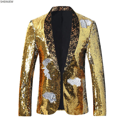 Men's Suit Jacket Shiny Sequins Shawl Collar Suit Cosplay Men Wedding Groom Singer Dance Glitter Suit Jacket Dj Club Stage Gown