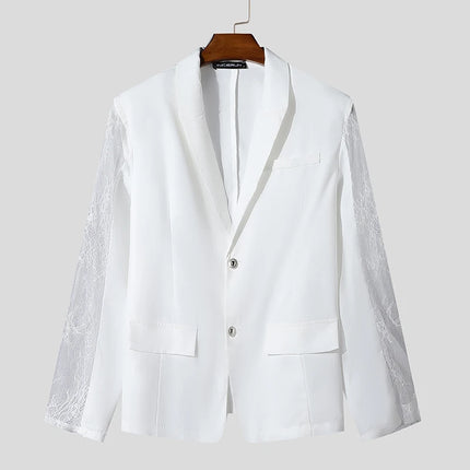 Fashion Casual Style Tops INCERUN New Mens Perspective Lace Splicing Design Suit Coats Male Solid Long Sleeved Blazer S-5XL 2025
