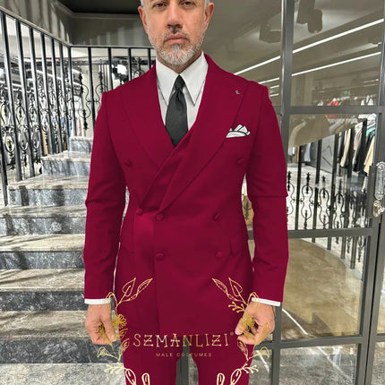 Black Men's Suit 2 Piece Double Breasted Jacket Pants Formal Wedding Groom Tuxedo Peaked Lapel Blazer Customized Men's Suit