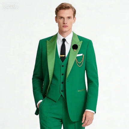 Men's 3-Piece Suit with Black Lapel US Size Formal Tuxedo for Groom Business And Wedding - Jacket Vest And Pants Ensemble