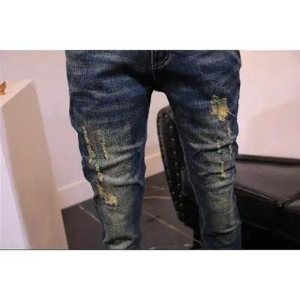 2025 Autumn and Winter Retro Jeans Men's Trendy Brand Slim-fitting Small Feet Elastic Youth Fashion Handsome Blue Long Pants