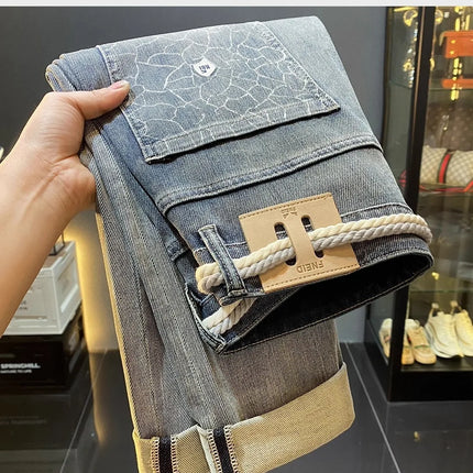 High-End Men's Slim Straight Leg Jeans Casual Print Comfortable Long Trousers Fashionable Trendy Youth Popular Autumn New Arr...
