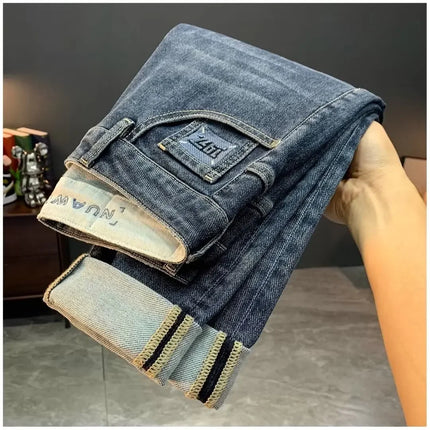Summer Men's Slim Fit Jeans Thin Trendy Loose Straight Leg Elastic Nine Point Pants Versatile Casual Straight Cut Jeans