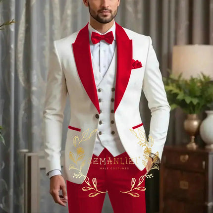 New Men Suit Sets Formal Banquet Luxury Ivory Blazer Vest Burgundy Pants Outfits Wedding Grooms Custom Fashion Slim Fit Costumes