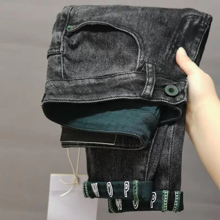 New High Quality Korean Luxury Slim Fit Denim Jeans with Letter Printed Design for Men Washed Streetwear Casual Cotton Trousers