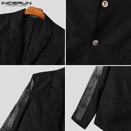 Fashion Casual Style Tops INCERUN New Mens Perspective Lace Splicing Design Suit Coats Male Solid Long Sleeved Blazer S-5XL 2025