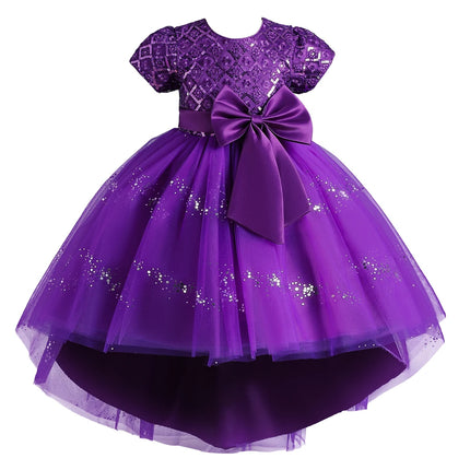 New Purple Girls' 3-12 Year Old Round Neck Trail Party Dress   Sequin Bubble Sleeves Princess Dress Suitable for Kid