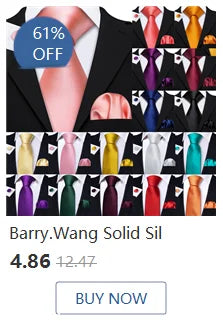 Barry.Wang Solid Silk Mens Tie Hankerchief Cufflinks Brooch Set Jacquard Plain Necktie Corsage For Male Wedding Party Events