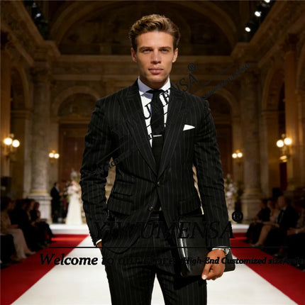 Classic Suit Men 2 Pieces Vertical Striped Jacket Pants Customized Man Formal Wear Business Banquet Attire Trajes Para Hombre