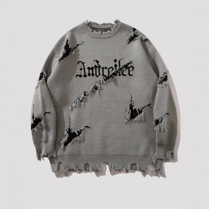 2025 New Men Distressed Sweater Hip Hop Pullover Vintage Casual Knitwear Top Streetwear Fashion Autumn Winter