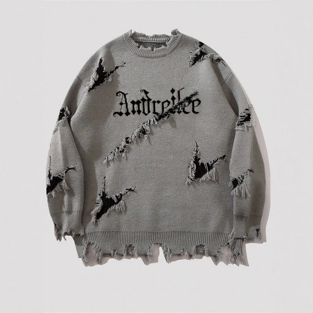 2025 New Men Distressed Sweater Hip Hop Pullover Vintage Casual Knitwear Top Streetwear Fashion Autumn Winter