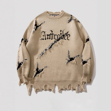 2025 New Men Distressed Sweater Hip Hop Pullover Vintage Casual Knitwear Top Streetwear Fashion Autumn Winter