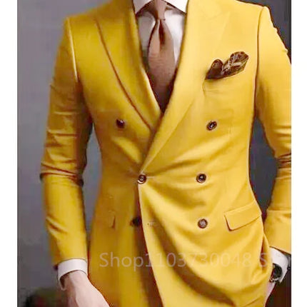 Solid 2 Pieces Men Suits Set Fashion New Men's Formal Business/Wedding Groom Suits Peak Lapel Double Breasted Blazer Trousers