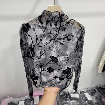 Women Autumn Spring Tops Layering Undershirts Long-Sleeve T-Shirts Printed Lace Mesh Versatile Fashionable Luxurious Designer