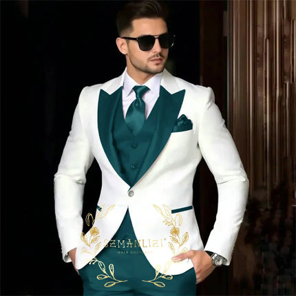 Luxury Men's Suits For Wedding Peak Lapel Slim Fit 3 Piece White Jacket Burgundy Pants Vest Formal Male Clothing Costume Homme