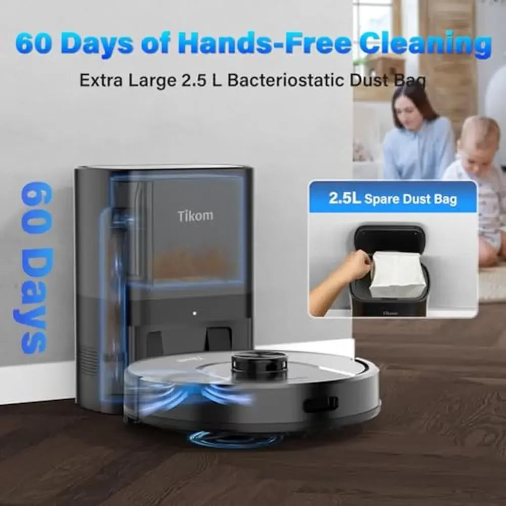 Vacuum Mop Self-Emptying Mapping 60-Day Capacity Pets Hair Carpet Hard Floors 3000Pa Strong Suction 2-in-1 Sweeping Mopping 150