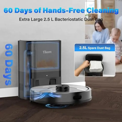 Vacuum Mop Self-Emptying Mapping 60-Day Capacity Pets Hair Carpet Hard Floors 3000Pa Strong Suction 2-in-1 Sweeping Mopping 150