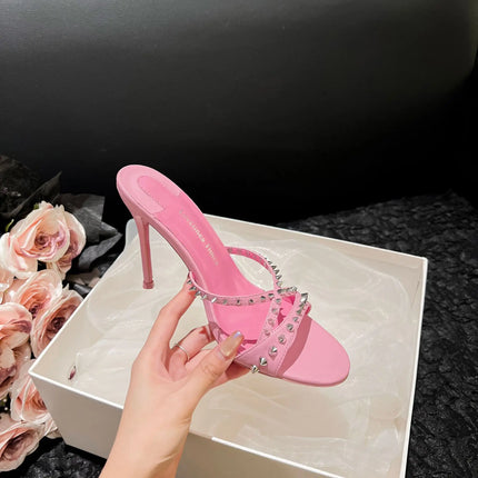 New white high-heeled cool mop with red sole, rivet cross strap, women's pointed toe party essential fashion women's shoes