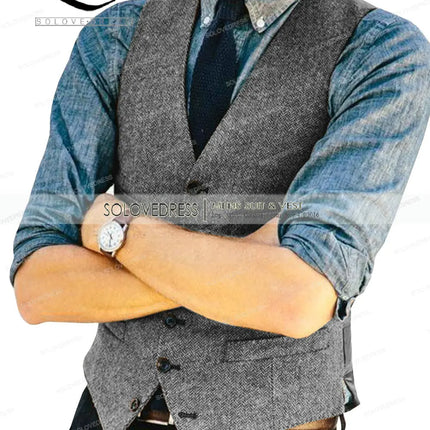 Mens Vests Tweed Herringbone Slim Fit Fashion Men's Suits Vests For Jacket Groomsmen  Waistcoat For Wedding