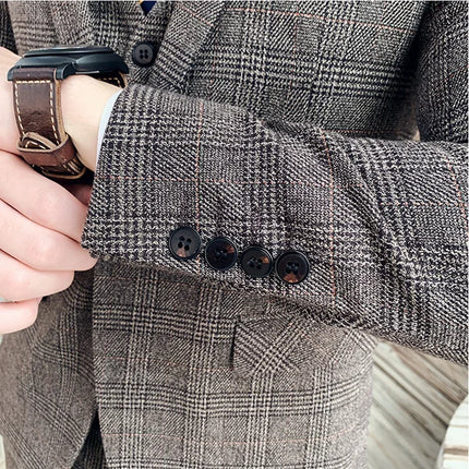 Checkered Suit (Blazer+Vest+Pants) Men's Fashion Hosting Work Business Wedding Casual Linen Art Style Elegant Gentleman's Suit