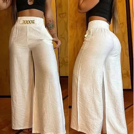 Women's High Waist Wide Leg Pants, Elegant Chain Decor, Black Trousers, Casual Clothes, White, Summer