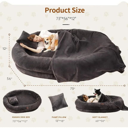 Human Dog Bed for Adult, 73"x56"x12" Washable Orthopedic Human Size Dogs Beds, Faux Fur Removable Adult Dog Bed