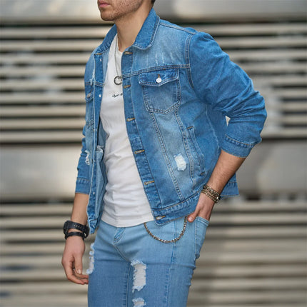 Stylish Holes Distressed Street Men Slim Denim Jacket Coat Male Good Quality Casual Denim Jacket For Men's