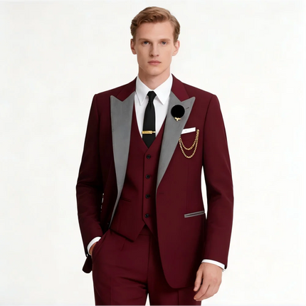 Men's 3-Piece Suit with Black Lapel US Size Formal Tuxedo for Groom Business And Wedding - Jacket Vest And Pants Ensemble