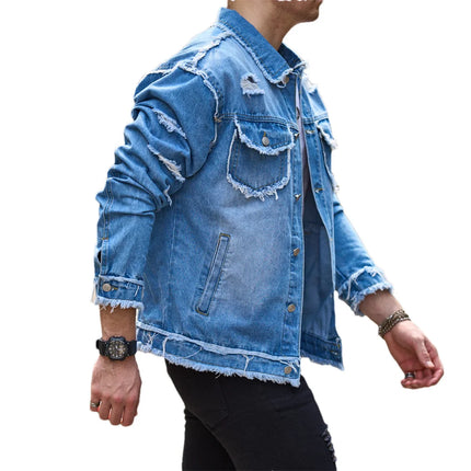 Street Stylish Holes Design Slim Men Denim Jacket Coat High Quality Male Distressed Casual Denim Jacket