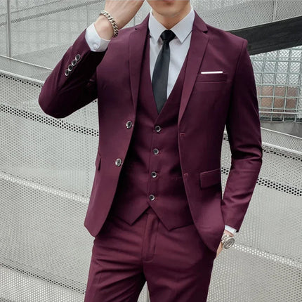Suit (Blazer+ Vest + Trousers) Men's Fashionable Gentleman Business British Style Solid-color Banquet Host Casual Wedding Suit