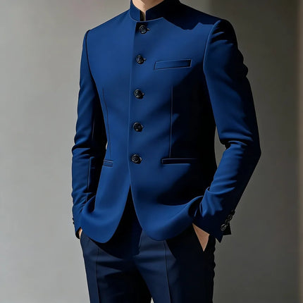 Chinese Men Suits Business Suits With Stand Collar Slim Fit 2 Pcs Blazer Pants Set Formal Wedding Office Outfit Tailored Outfit