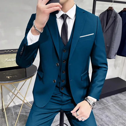 Men's Wedding Groomsmen Suit Set High-Quality Solid Color Casual Office Menswear Jacket + Vest + Pants