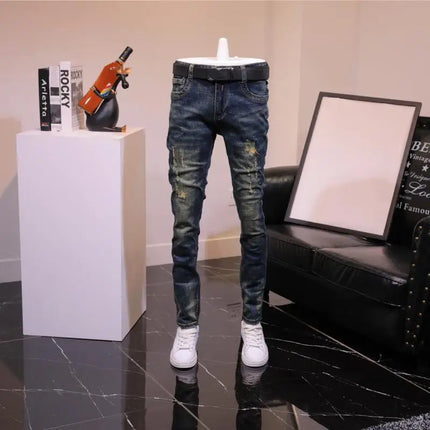 2025 Autumn and Winter Retro Jeans Men's Trendy Brand Slim-fitting Small Feet Elastic Youth Fashion Handsome Blue Long Pants