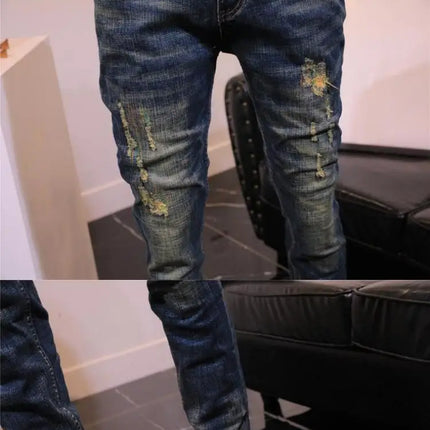 2025 Autumn and Winter Retro Jeans Men's Trendy Brand Slim-fitting Small Feet Elastic Youth Fashion Handsome Blue Long Pants