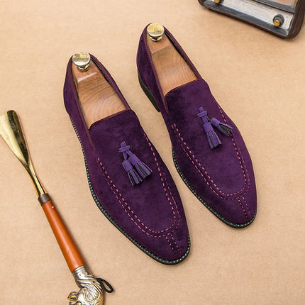 New British Designer Suede LeatherTassel Casual Shoes for Men Purple Blue Brown Moccasins Wedding Prom Homecoming Party Footwear