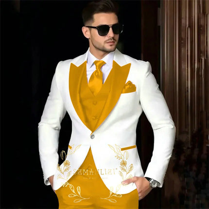 Luxury Men's Suits For Wedding Peak Lapel Slim Fit 3 Piece White Jacket Burgundy Pants Vest Formal Male Clothing Costume Homme