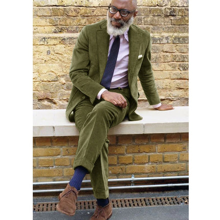 Men's Corduroy Casual Suit Fashion Single Breasted 2 Piece Set Jacket Blazer Pant Business Workwear Groom's Tailcoat Suit