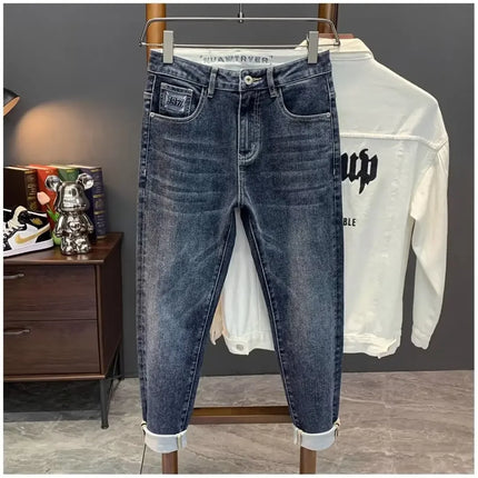 Summer Men's Slim Fit Jeans Thin Trendy Loose Straight Leg Elastic Nine Point Pants Versatile Casual Straight Cut Jeans
