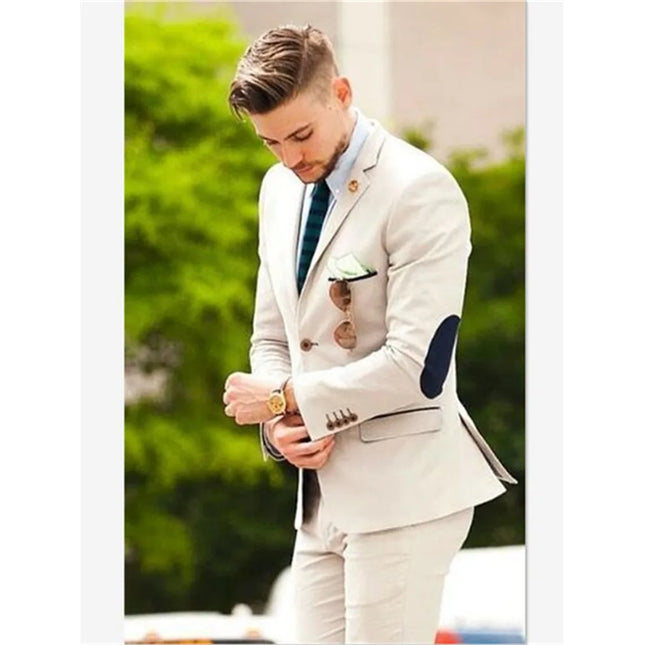 Men Suits Latest Designs Beige Groom Tuxedos elbow patches 2 Pieces (Jacket+Pants) Italian Man Suit Blazer Wedding Prom Dinner