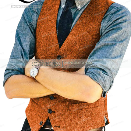 Mens Vests Tweed Herringbone Slim Fit Fashion Men's Suits Vests For Jacket Groomsmen  Waistcoat For Wedding