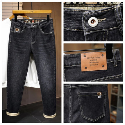 New Embroidery Fashion Straight Jeans Men Stretch Black Blue Slim Fit Pants Comfortable Business Denim Trousers