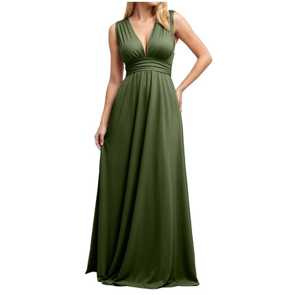 Multiple-Way Women Maxi Dress For Wedding Deep V-Neck Sexy High Waist Evening Party Dress Flowy Ruched A-Line Cocktail Dress