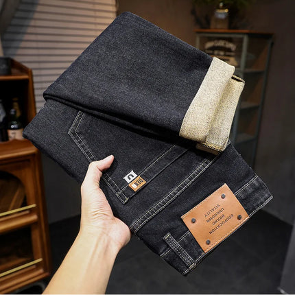 New Embroidery Fashion Straight Jeans Men Stretch Black Blue Slim Fit Pants Comfortable Business Denim Trousers