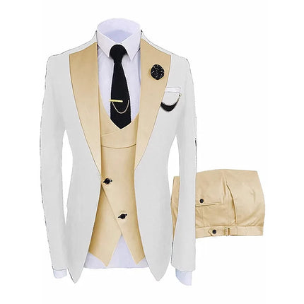 Men Three Piece Suit Sets Turn Down Collar Full Sleeve Blazers Vest Long Pants Slim Fit Ensemble Banquet Evening Splice Spring